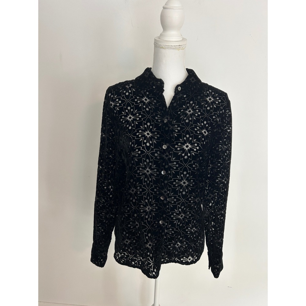 Liz Claiborne Black Burnout Velvet Floral Button Down‎ Blouse Shirt Womens 6